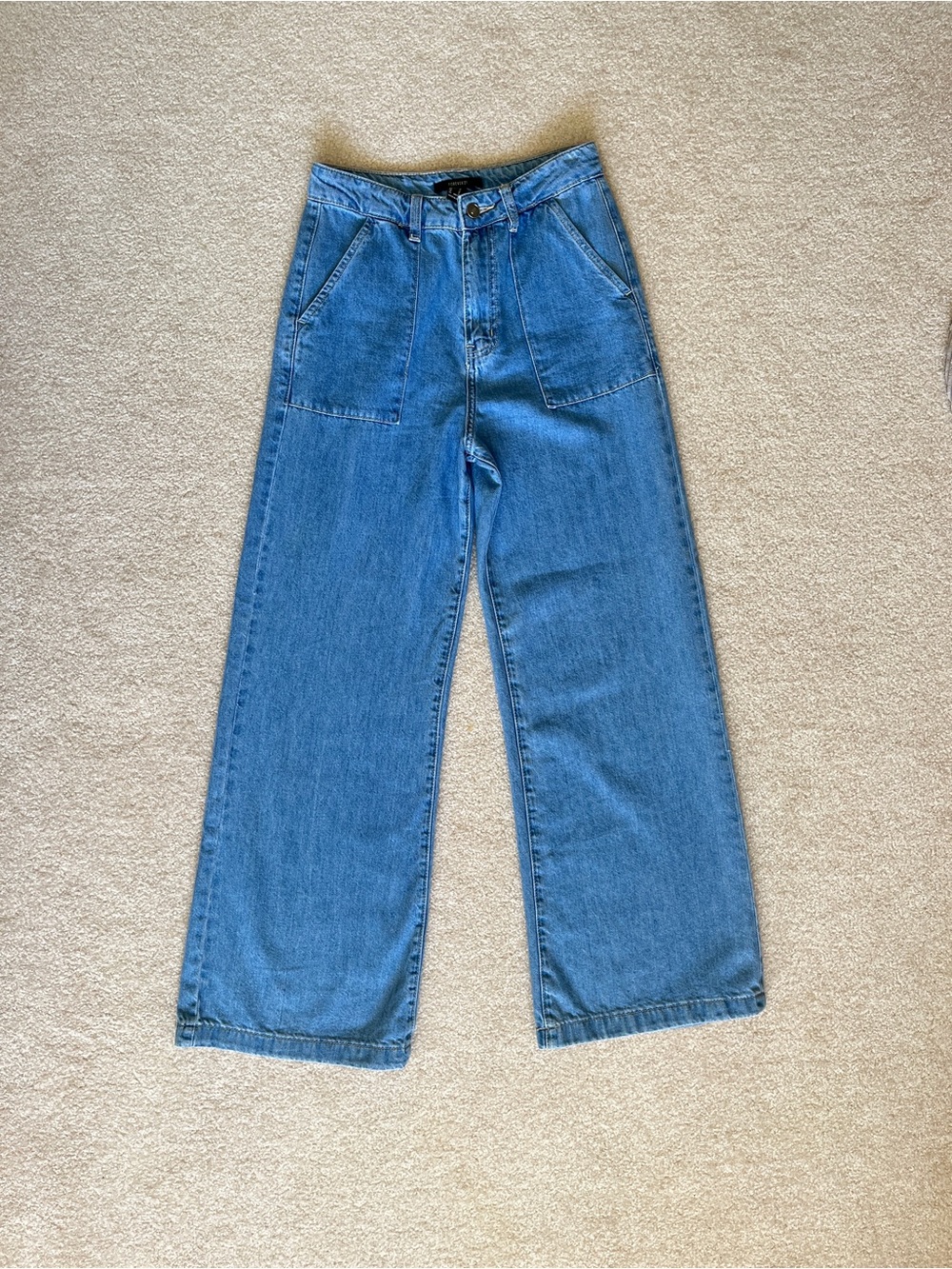 Wide Leg Jeans, Cotton, High Rise, Blue Denim, Size 26 Forever 21, Patch Pockets